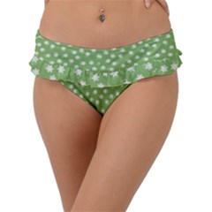 Spring Green White Floral Print Frill Bikini Bottom by SpinnyChairDesigns