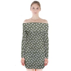 Sage Green White Floral Print Long Sleeve Off Shoulder Dress by SpinnyChairDesigns