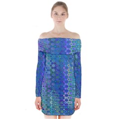 Boho Blue Wildflower Print Long Sleeve Off Shoulder Dress by SpinnyChairDesigns