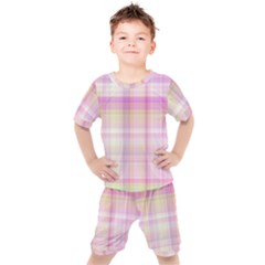 Pink Madras Plaid Kids  Tee And Shorts Set by SpinnyChairDesigns