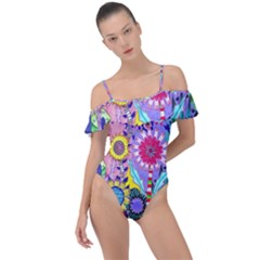 Double Sunflower Abstract Frill Detail One Piece Swimsuit by okhismakingart