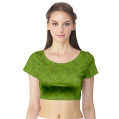 Avocado Green Butterfly Print Short Sleeve Crop Top by SpinnyChairDesigns