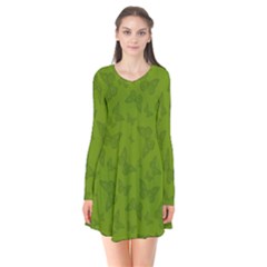 Avocado Green Butterfly Print Long Sleeve V-neck Flare Dress by SpinnyChairDesigns