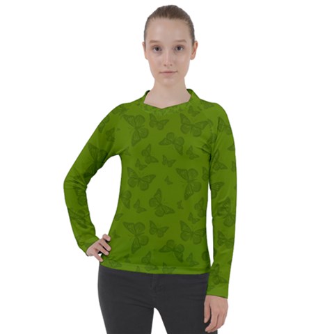 Avocado Green Butterfly Print Women s Pique Long Sleeve Tee by SpinnyChairDesigns