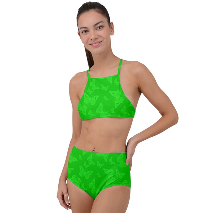 Chartreuse Green Butterfly Print High Waist Tankini Set