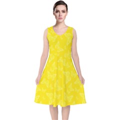 Lemon Yellow Butterfly Print V-neck Midi Sleeveless Dress  by SpinnyChairDesigns