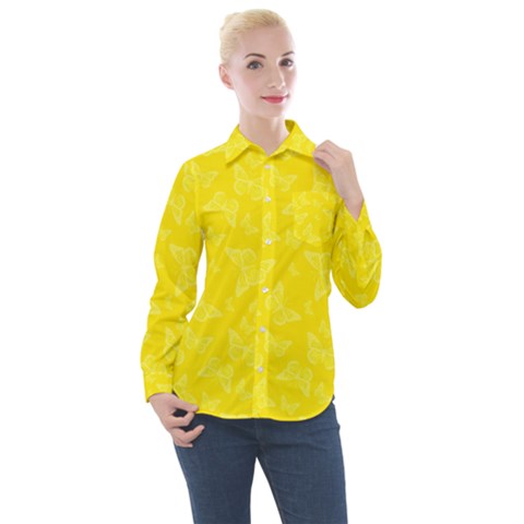 Lemon Yellow Butterfly Print Women s Long Sleeve Pocket Shirt by SpinnyChairDesigns