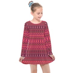 Boho Bittersweet Pink  Kids  Long Sleeve Dress by SpinnyChairDesigns