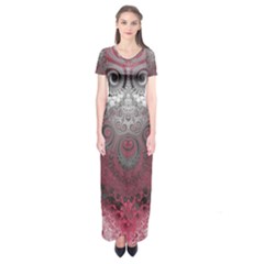 Black Pink Spirals And Swirls Short Sleeve Maxi Dress by SpinnyChairDesigns