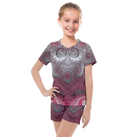 Black Pink Spirals And Swirls Kids  Mesh Tee And Shorts Set by SpinnyChairDesigns