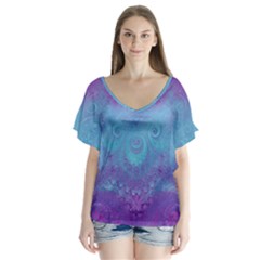 Purple Blue Swirls And Spirals V-neck Flutter Sleeve Top by SpinnyChairDesigns