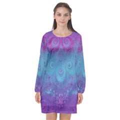 Purple Blue Swirls And Spirals Long Sleeve Chiffon Shift Dress  by SpinnyChairDesigns