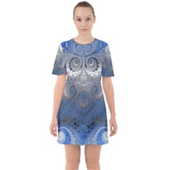 Blue Swirls And Spirals Sixties Short Sleeve Mini Dress by SpinnyChairDesigns