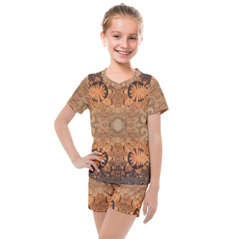 Rustic Orange Swirls Kids  Mesh Tee And Shorts Set by SpinnyChairDesigns