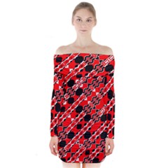 Abstract Red Black Checkered Long Sleeve Off Shoulder Dress by SpinnyChairDesigns