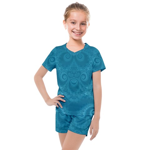 Cerulean Blue Spirals Kids  Mesh Tee And Shorts Set by SpinnyChairDesigns