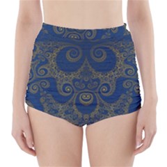 Navy Blue And Gold Swirls High-waisted Bikini Bottoms by SpinnyChairDesigns