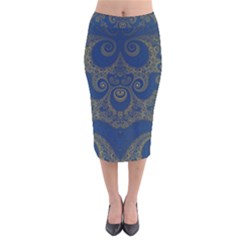 Navy Blue And Gold Swirls Velvet Midi Pencil Skirt by SpinnyChairDesigns