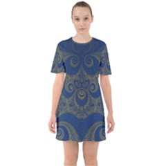 Navy Blue And Gold Swirls Sixties Short Sleeve Mini Dress by SpinnyChairDesigns