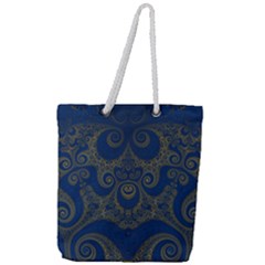 Navy Blue And Gold Swirls Full Print Rope Handle Tote (large) by SpinnyChairDesigns
