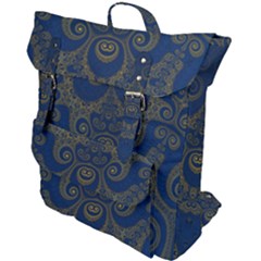 Navy Blue And Gold Swirls Buckle Up Backpack by SpinnyChairDesigns