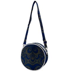 Navy Blue And Gold Swirls Crossbody Circle Bag by SpinnyChairDesigns