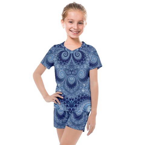 Royal Blue Swirls Kids  Mesh Tee And Shorts Set by SpinnyChairDesigns