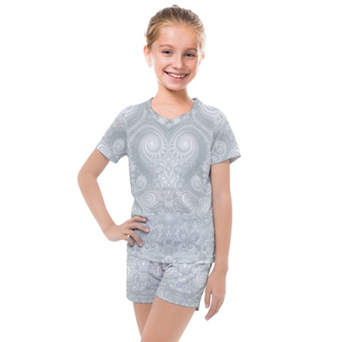 Ash Grey White Swirls Kids  Mesh Tee And Shorts Set by SpinnyChairDesigns