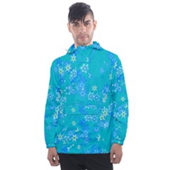 Aqua Blue Floral Print Men s Front Pocket Pullover Windbreaker by SpinnyChairDesigns
