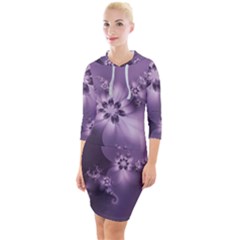 Royal Purple Floral Print Quarter Sleeve Hood Bodycon Dress by SpinnyChairDesigns