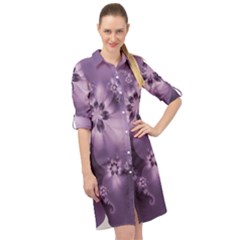 Royal Purple Floral Print Long Sleeve Mini Shirt Dress by SpinnyChairDesigns