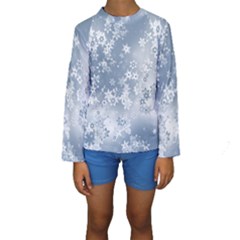 Faded Blue White Floral Print Kids  Long Sleeve Swimwear by SpinnyChairDesigns