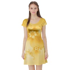 Saffron Yellow Floral Print Short Sleeve Skater Dress by SpinnyChairDesigns