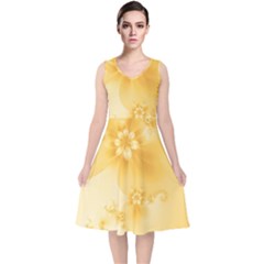 Saffron Yellow Floral Print V-neck Midi Sleeveless Dress  by SpinnyChairDesigns
