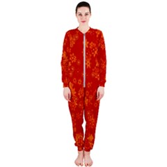 Orange Red Floral Print Onepiece Jumpsuit (ladies)  by SpinnyChairDesigns