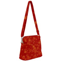 Orange Red Floral Print Zipper Messenger Bag by SpinnyChairDesigns