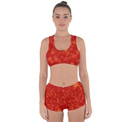 Orange Red Floral Print Racerback Boyleg Bikini Set by SpinnyChairDesigns