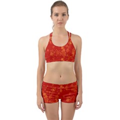 Orange Red Floral Print Back Web Gym Set by SpinnyChairDesigns