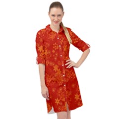 Orange Red Floral Print Long Sleeve Mini Shirt Dress by SpinnyChairDesigns