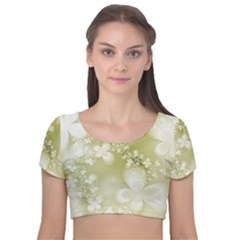 Olive Green With White Flowers Velvet Short Sleeve Crop Top  by SpinnyChairDesigns