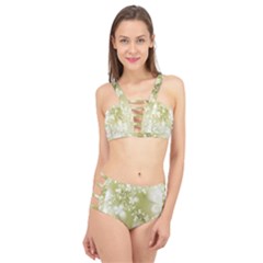 Olive Green With White Flowers Cage Up Bikini Set by SpinnyChairDesigns