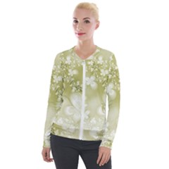 Olive Green With White Flowers Velour Zip Up Jacket by SpinnyChairDesigns