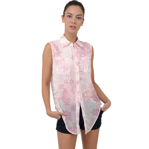 Baby Pink Floral Print Sleeveless Chiffon Button Shirt by SpinnyChairDesigns