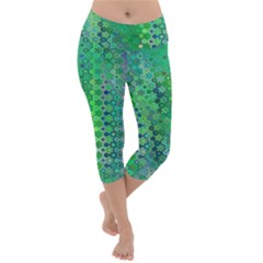 Boho Green Floral Print Lightweight Velour Capri Yoga Leggings by SpinnyChairDesigns