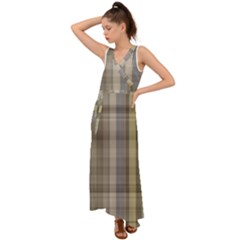 Beige Tan Madras Plaid V-neck Chiffon Maxi Dress by SpinnyChairDesigns