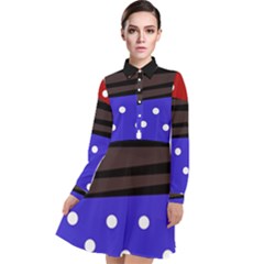 Mixed Polka Dots And Lines Pattern, Blue, Red, Brown Long Sleeve Chiffon Shirt Dress by Casemiro