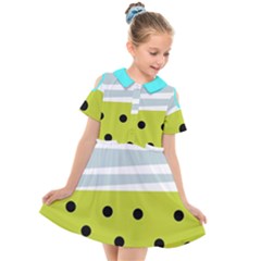Mixed Polka Dots And Lines Pattern, Blue, Yellow, Silver, White Colors Kids  Short Sleeve Shirt Dress by Casemiro