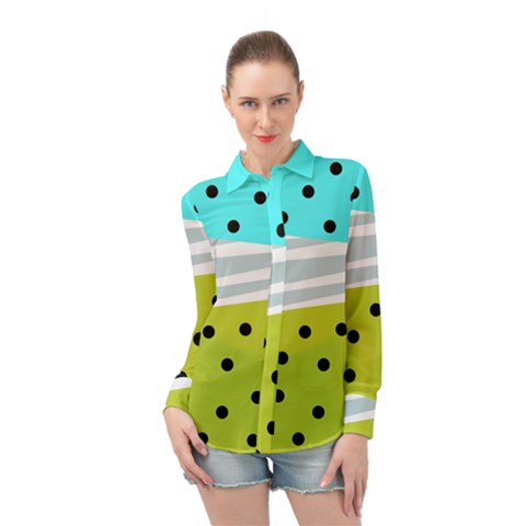 Mixed Polka Dots And Lines Pattern, Blue, Yellow, Silver, White Colors Long Sleeve Chiffon Shirt by Casemiro