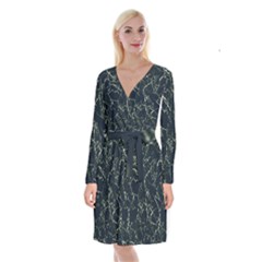 Neon Silhouette Leaves Print Pattern Long Sleeve Velvet Front Wrap Dress by dflcprintsclothing