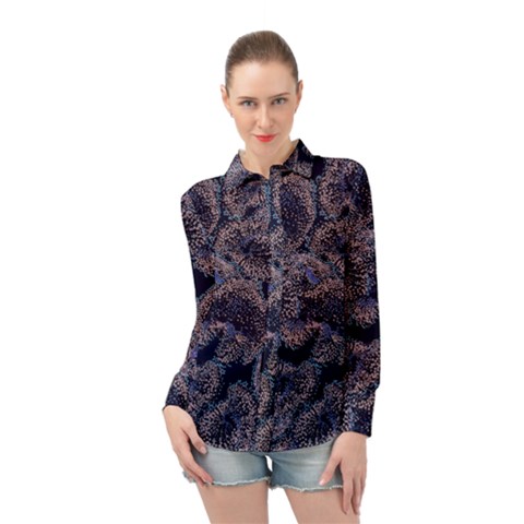 Glowing Coral Pattern Long Sleeve Chiffon Shirt by LoolyElzayat